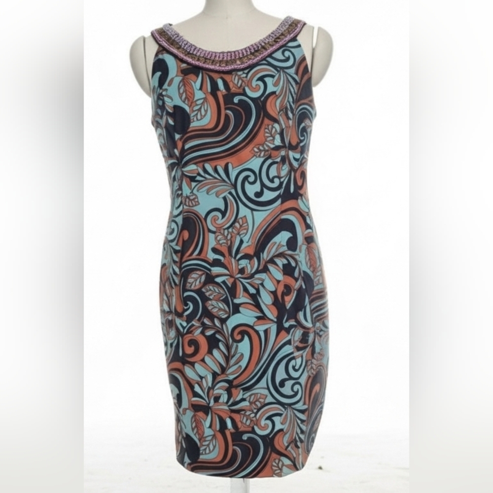 Connected Apparel Aqua Brown Black Swirl Midi Dress